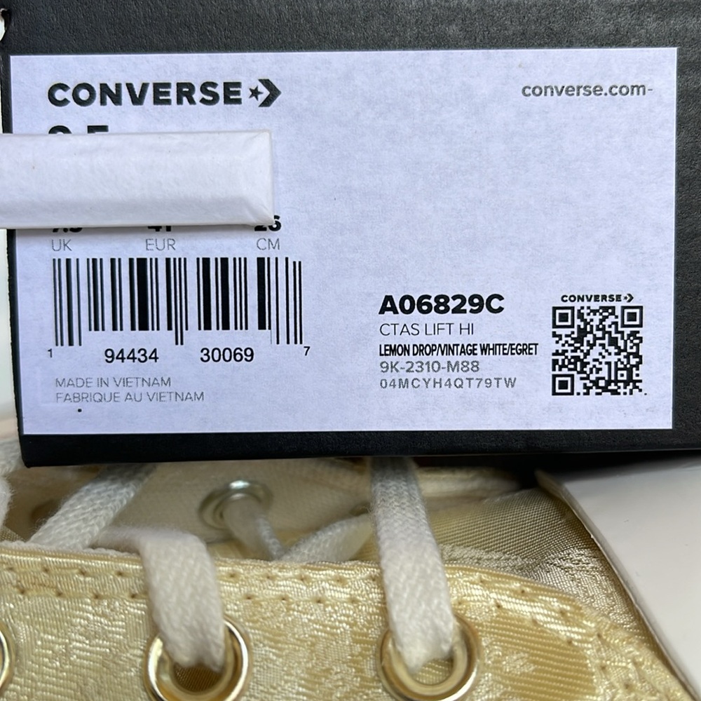 Converse WMNS CTAS A06829C
CTAS LIFT HI
LEMON DROP/VINTAGE WHITE/EGRET
Platforms - Picture 16 of 16